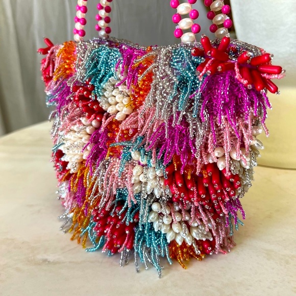 RARE Colorful Beaded Bag w/ Pearl Detail Strap, Anthropology Style, NWT - Picture 8 of 14